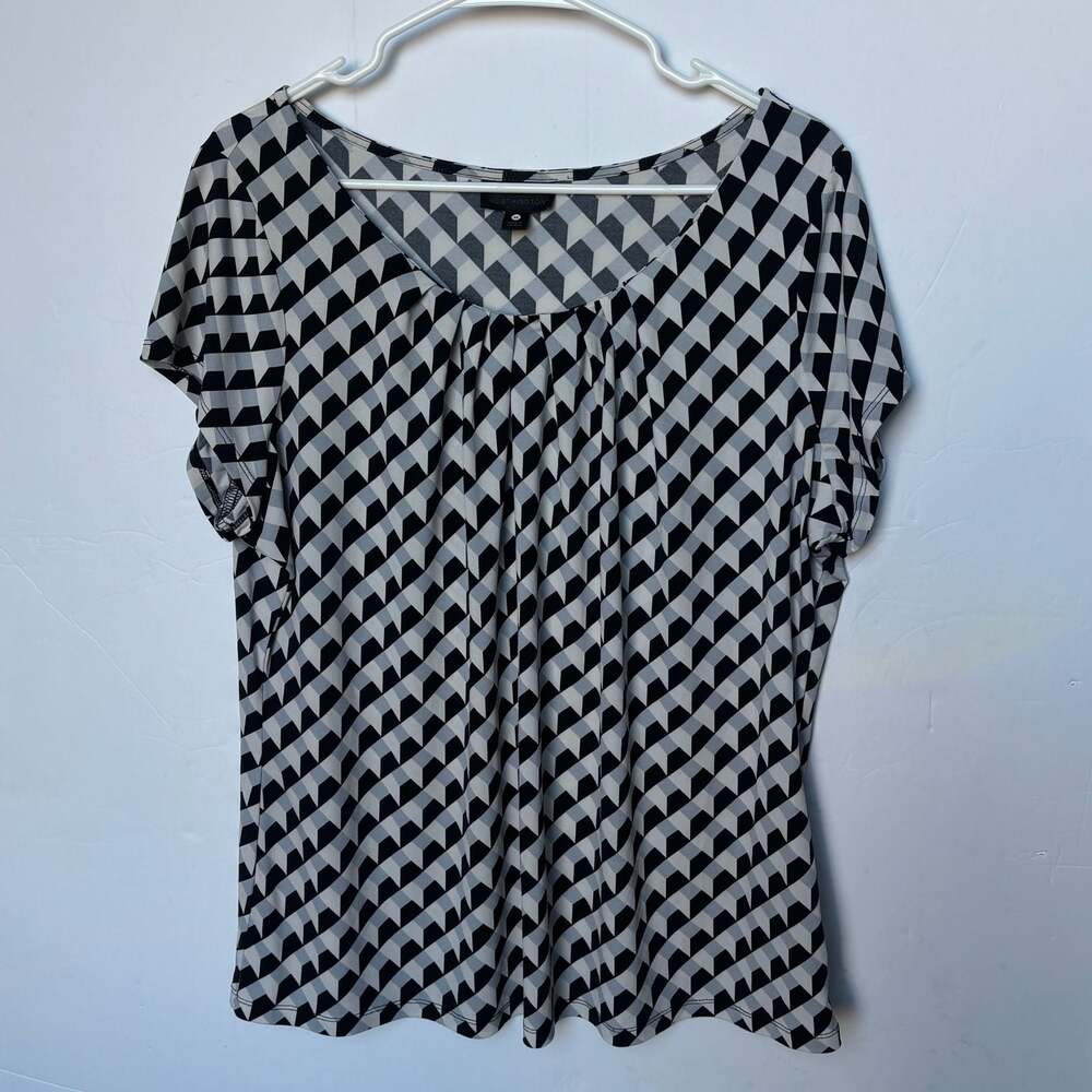 Worthington Women's Geometric Print Pleated Neck Short Sleeve Top Size 1X